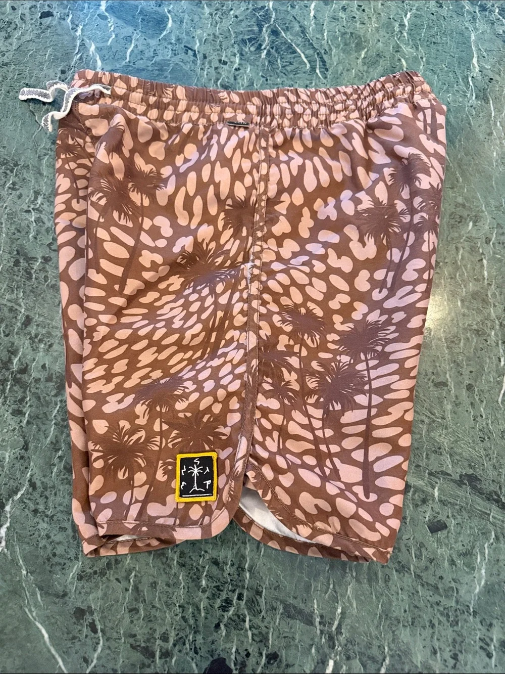 🤎 Munster Brown and Tan Palm Print Kids (12) Swim Trunks (needs sewing love) 🤎